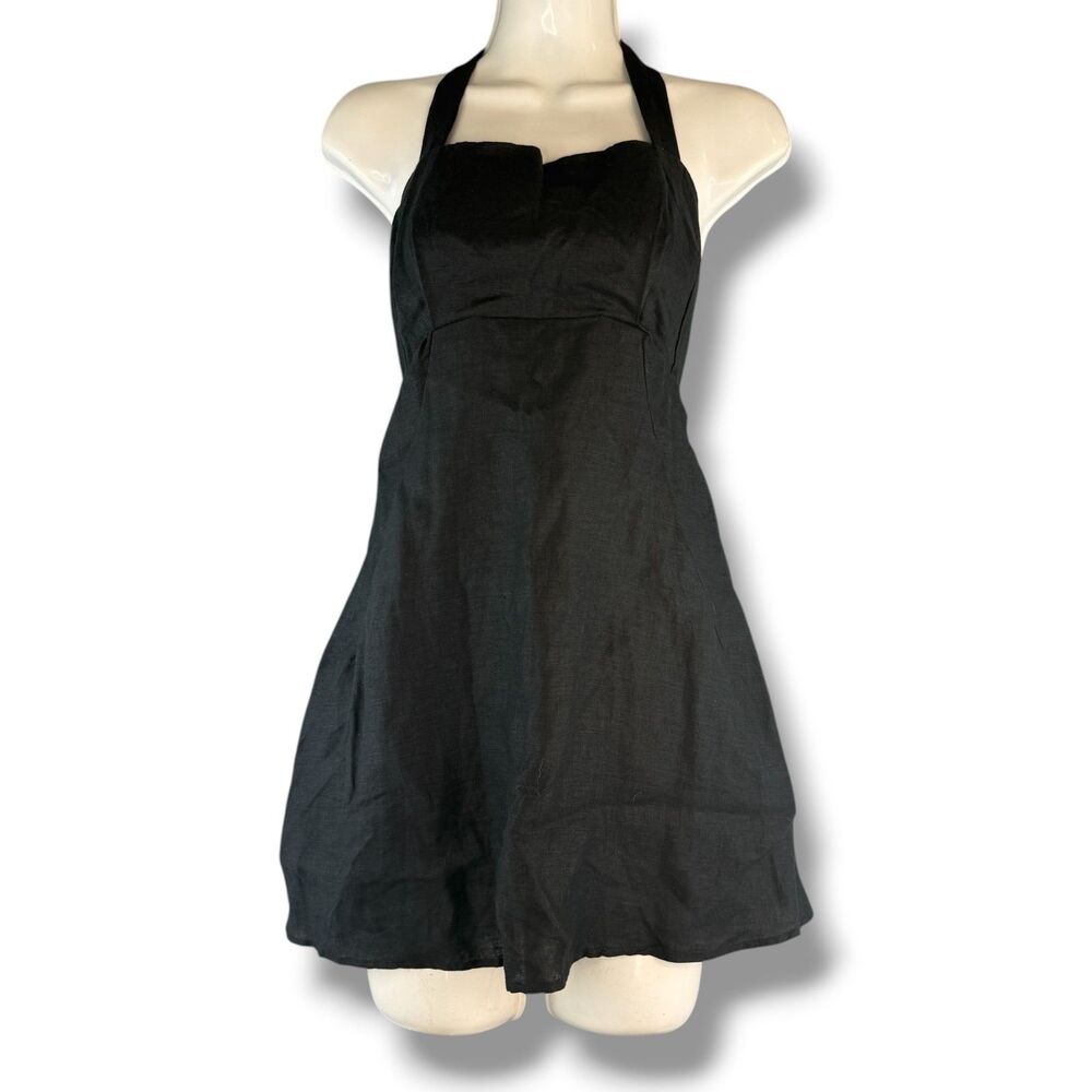 Aulieude Black 100% Linen Halter Backless Dress Size 6 Minimalist Boho Chic